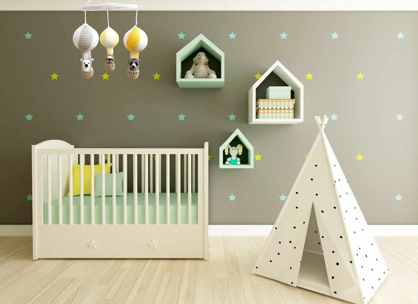 Yellow and gray hot air balloon baby mobile