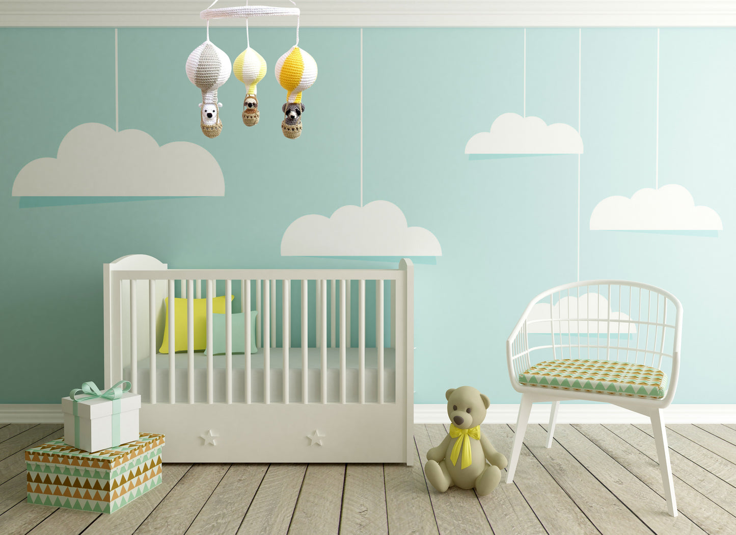 Yellow and gray hot air balloon baby mobile