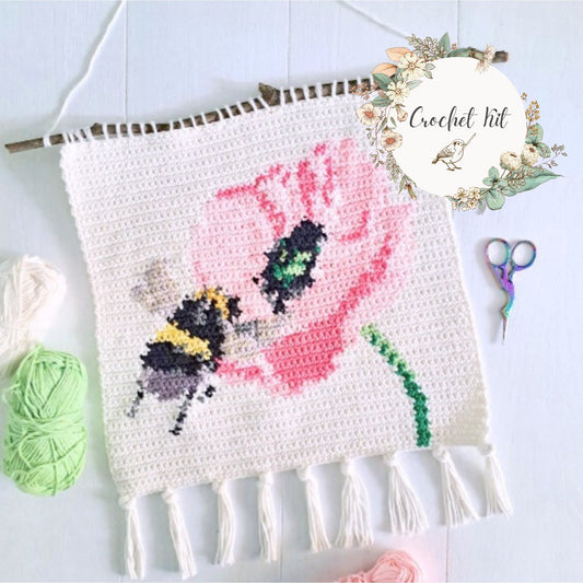 Bee on a Flower Tapestry Wall Hanging Crochet Kit - Complete Crochet DIY Set with supplies - Crochet on a tree