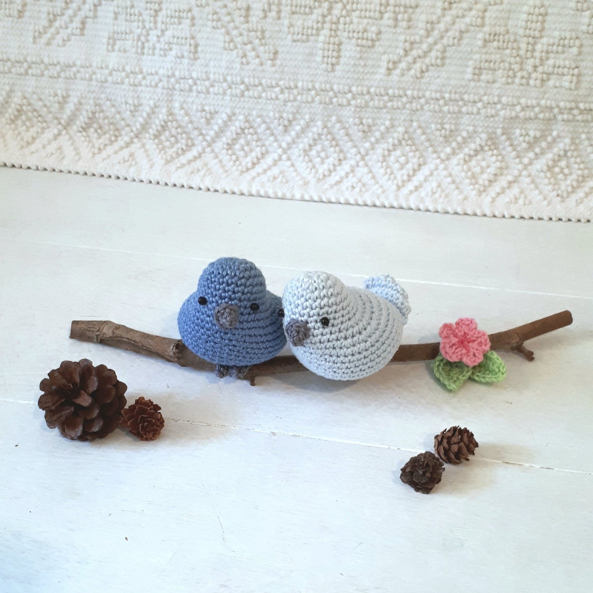 Birds couple on a branch nursery decoration - Crochet on a tree