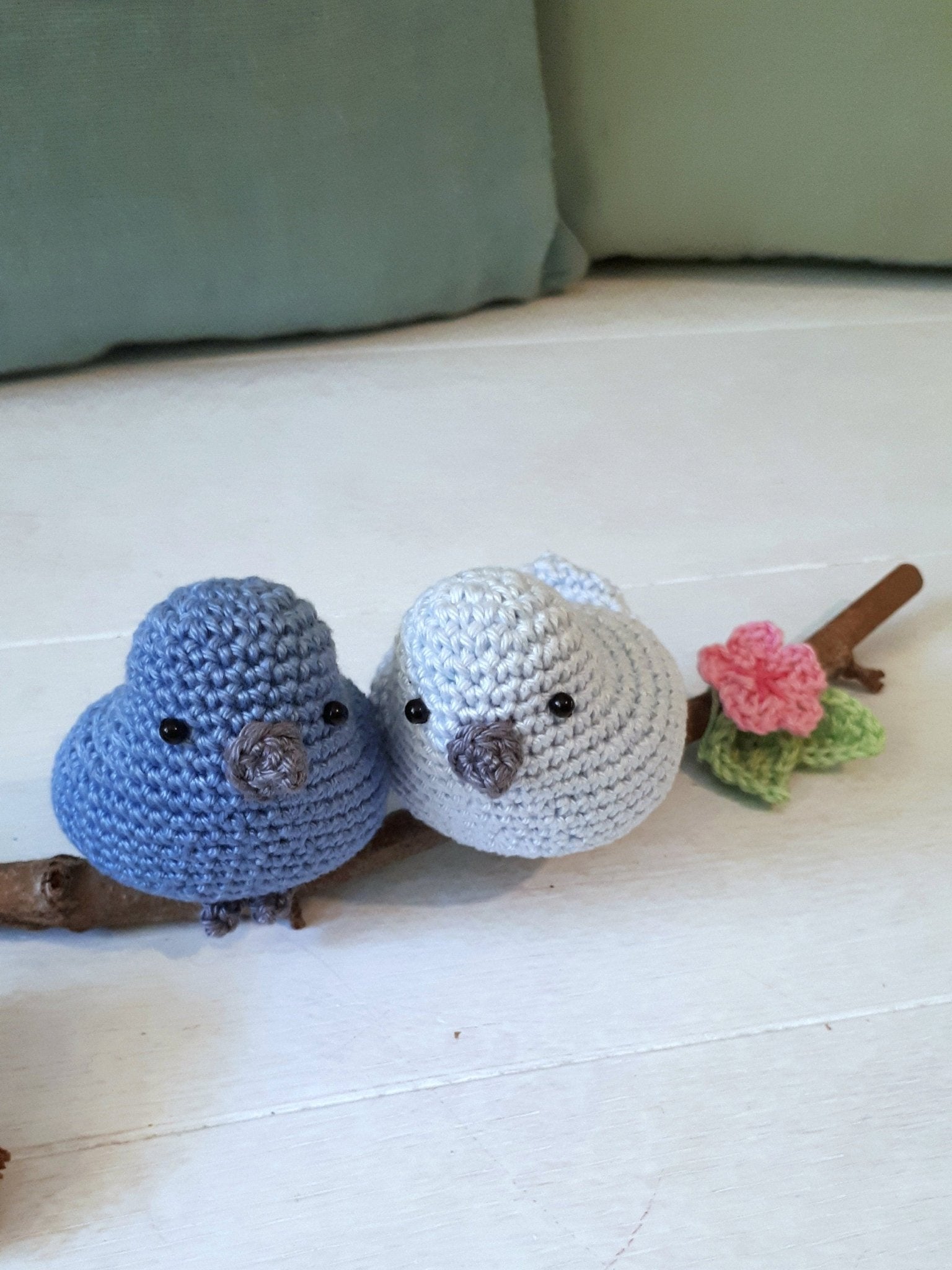 Birds couple on a branch nursery decoration - Crochet on a tree