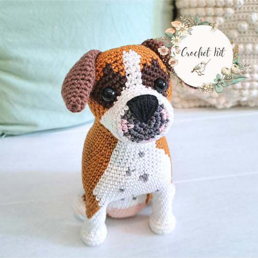 Boxer Pet Plush Crochet Kit - Complete Amigurumi DIY Set - Crochet on a tree