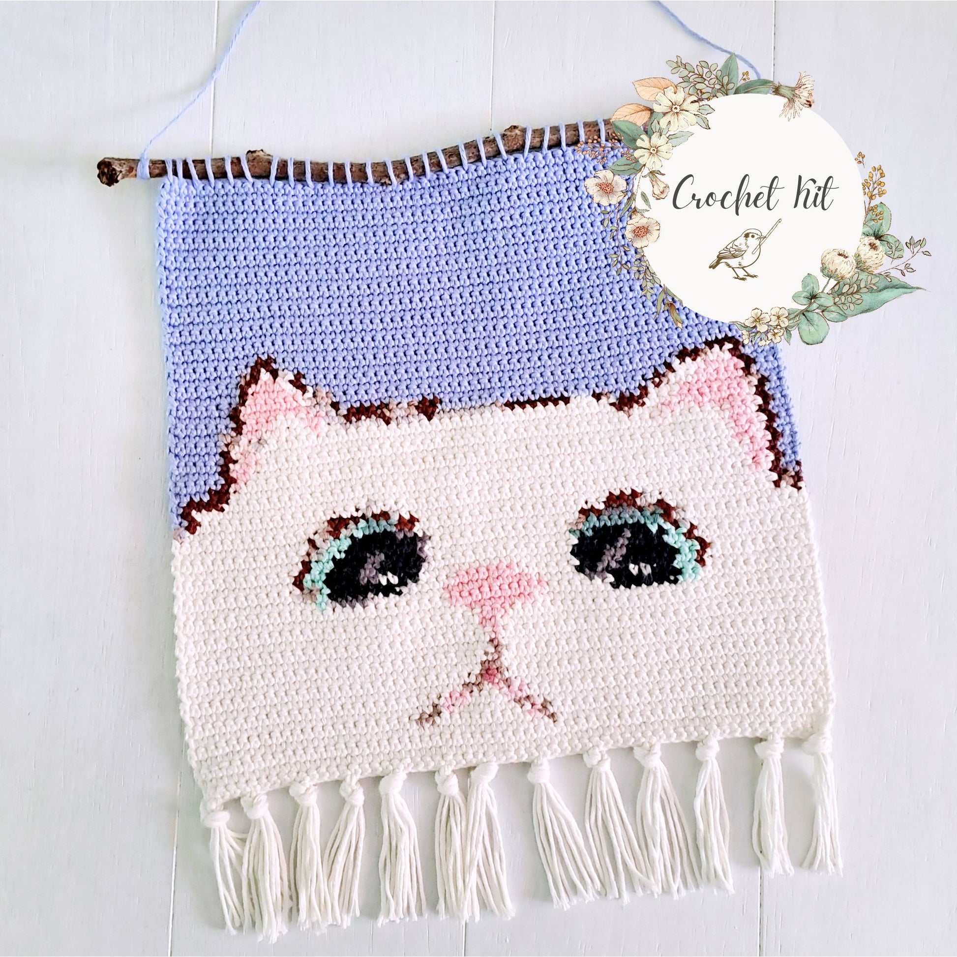 Cat Tapestry Wall Hanging Crochet Kit - Complete Crochet DIY Set with supplies - Crochet on a tree