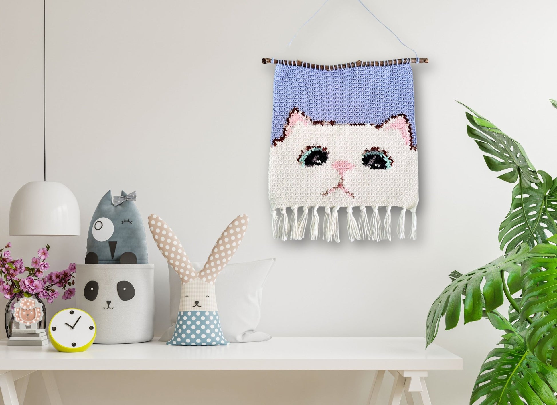 Cat Tapestry Wall Hanging Crochet Kit - Complete Crochet DIY Set with supplies - Crochet on a tree