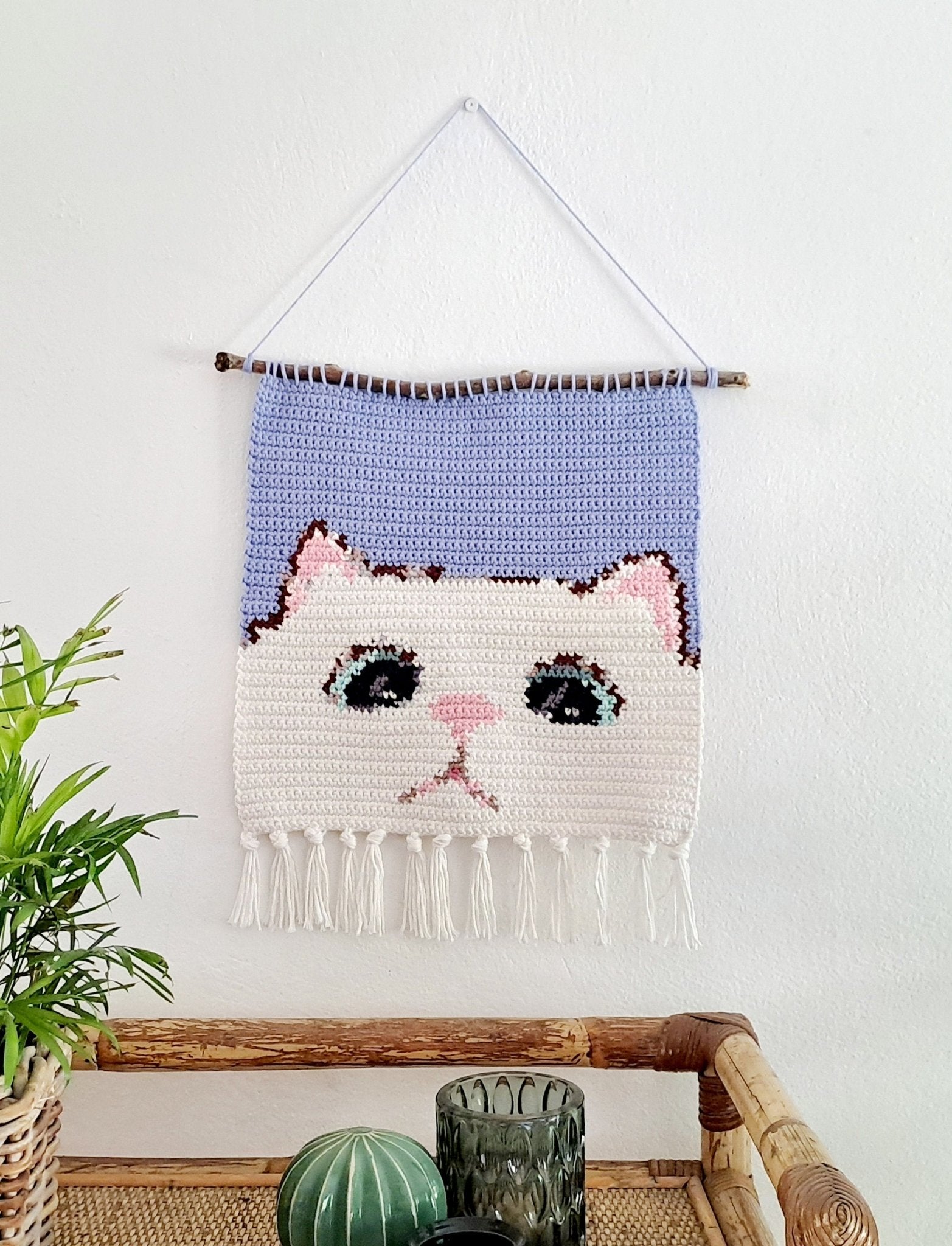 Cat Tapestry Wall Hanging Crochet Kit - Complete Crochet DIY Set with supplies - Crochet on a tree