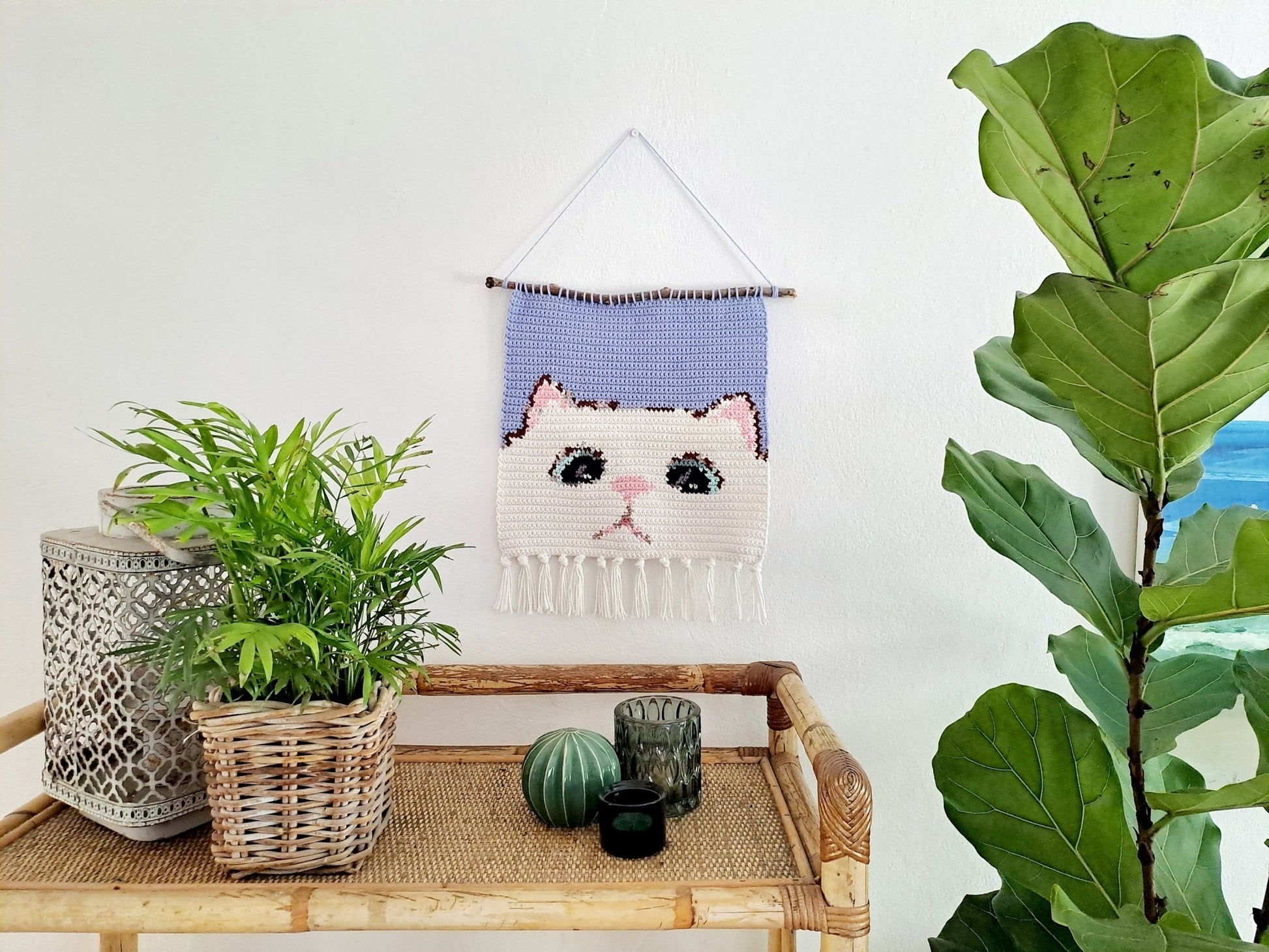 Cat Tapestry Wall Hanging Crochet Kit - Complete Crochet DIY Set with supplies - Crochet on a tree