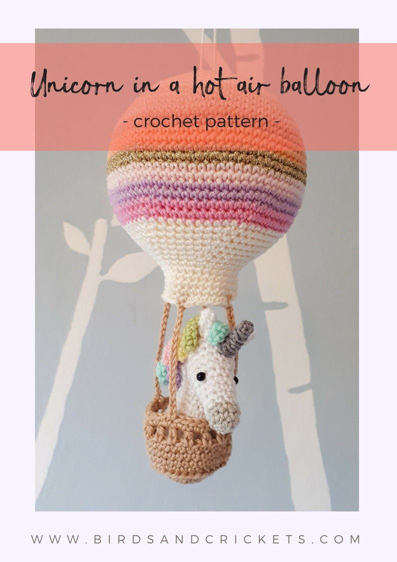 Crochet pattern amigurumi unicorn in a hot air balloon - Crochet on a tree