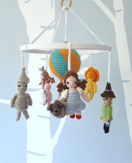 Fairytale Wizard of Oz crib mobile with hot air balloon - Crochet on a tree