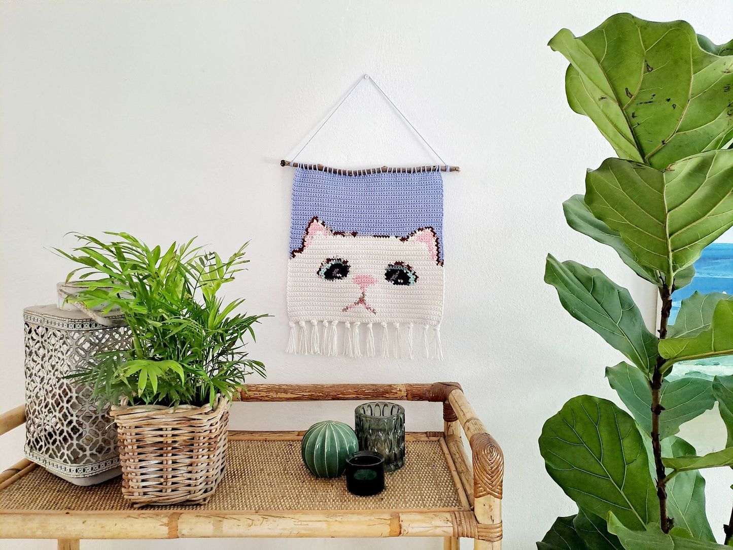 Cat Wall Hanging Decor, Tapestry Crochet Cotton Wall Hanging, Home decor