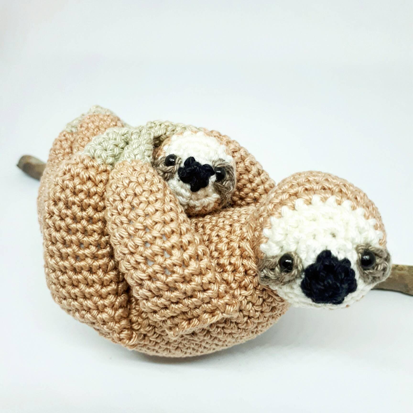 Mother and baby sloth stuffed animals plush toy - Crochet on a tree