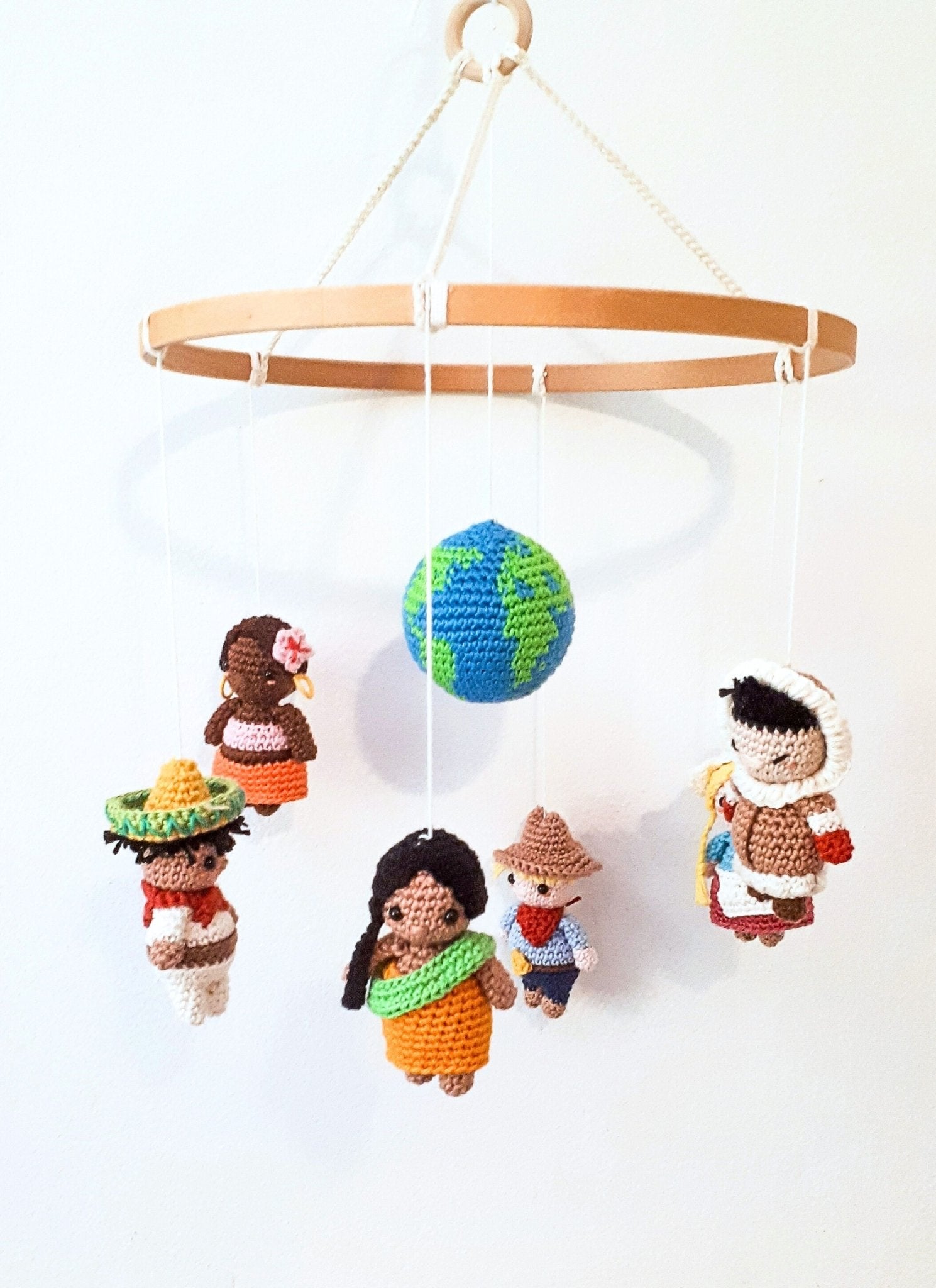 Multicultural baby mobile, it's a small world mobile - Crochet on a tree