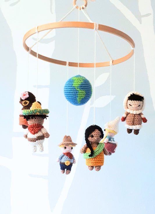 Multicultural baby mobile, it's a small world mobile - Crochet on a tree