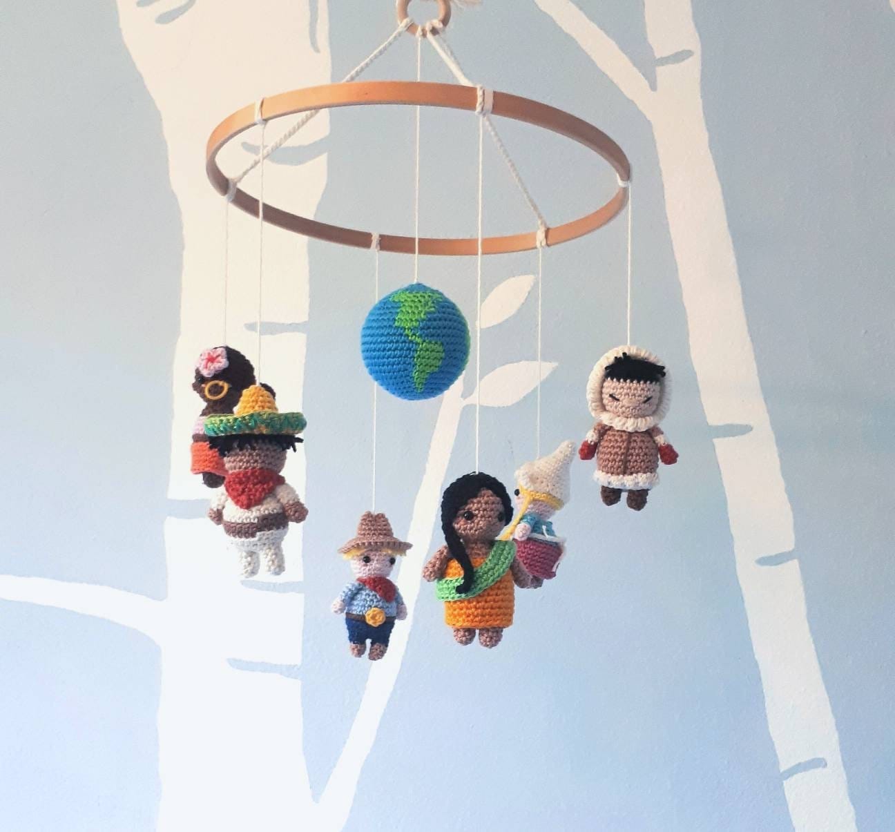 Multicultural baby mobile, it's a small world mobile - Crochet on a tree