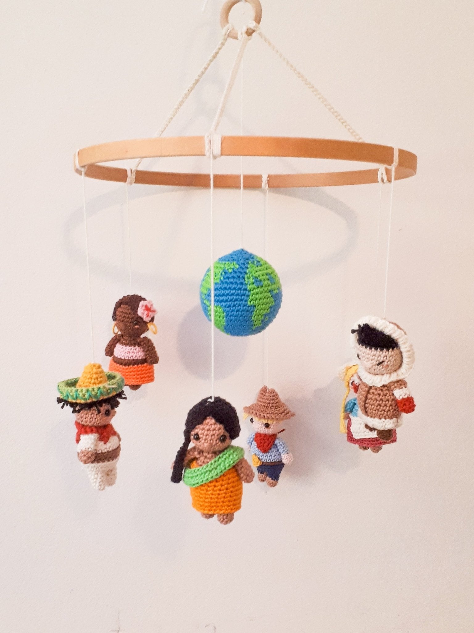 Multicultural baby mobile, it's a small world mobile - Crochet on a tree