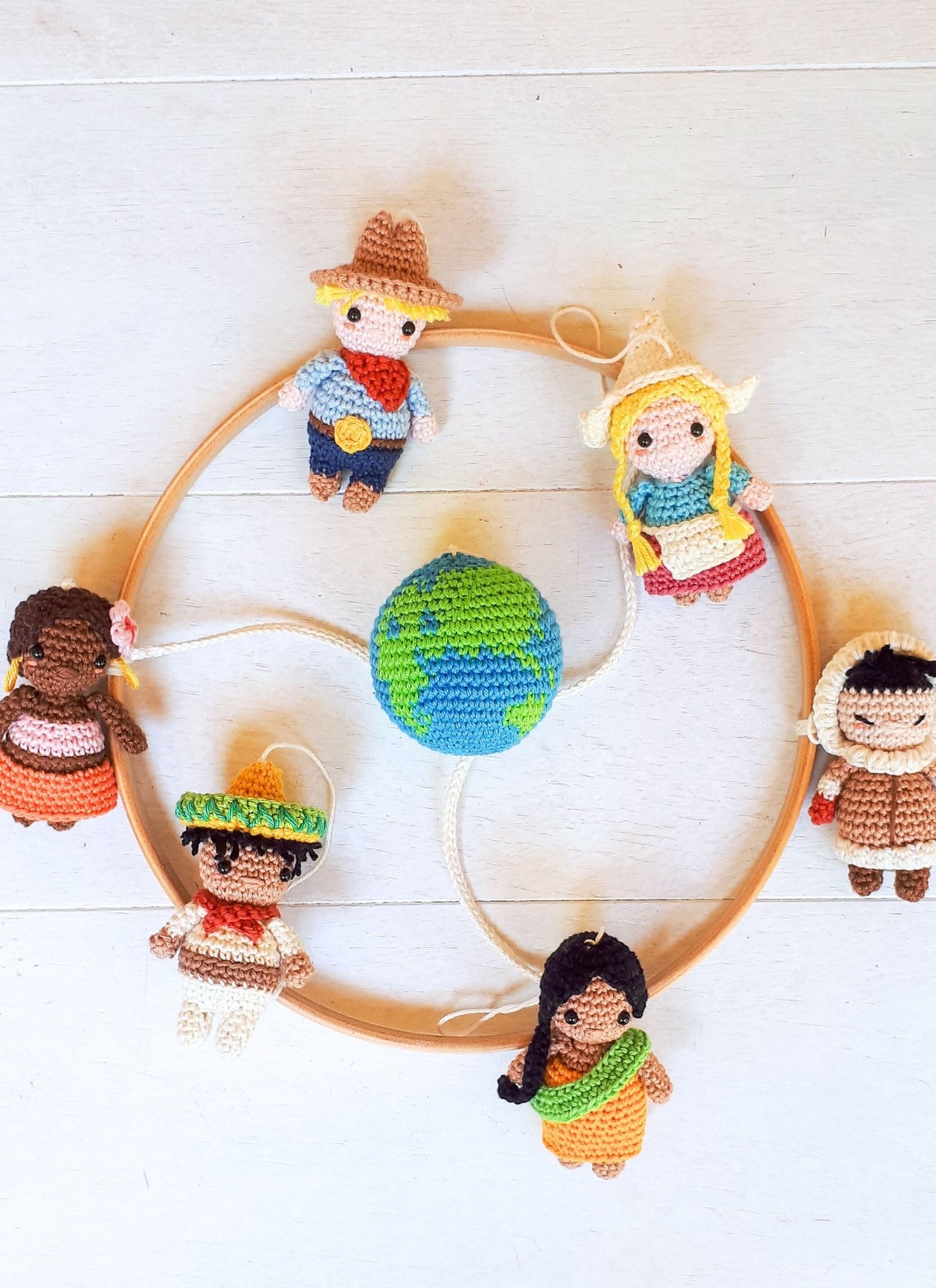 Multicultural baby mobile, it's a small world mobile - Crochet on a tree