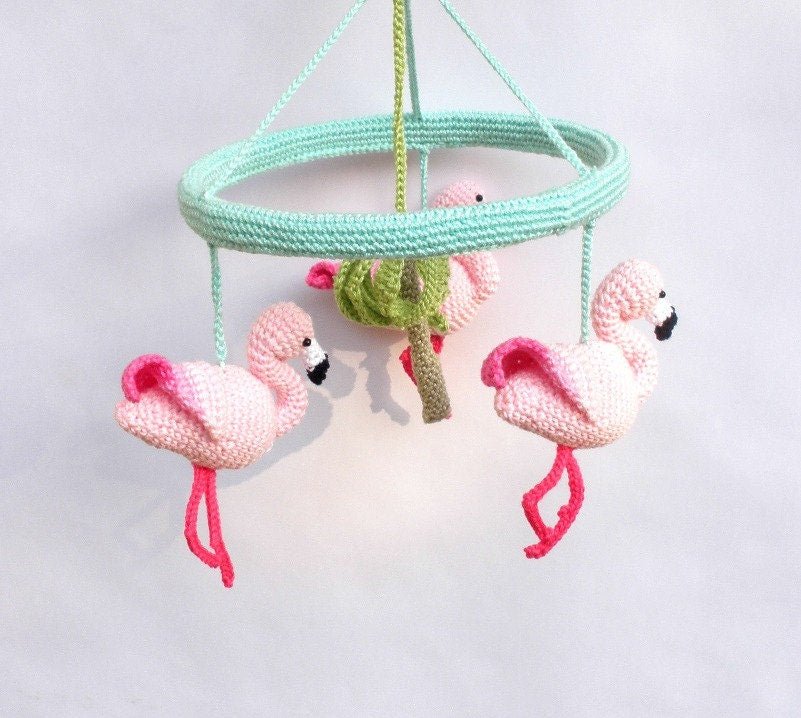 Pink Flamingo baby girl nursery mobile - Crochet on a tree