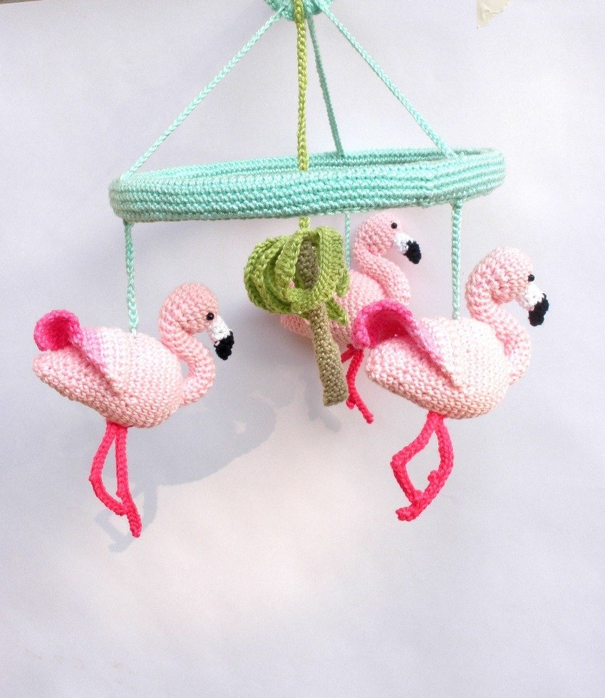 Pink Flamingo baby girl nursery mobile - Crochet on a tree