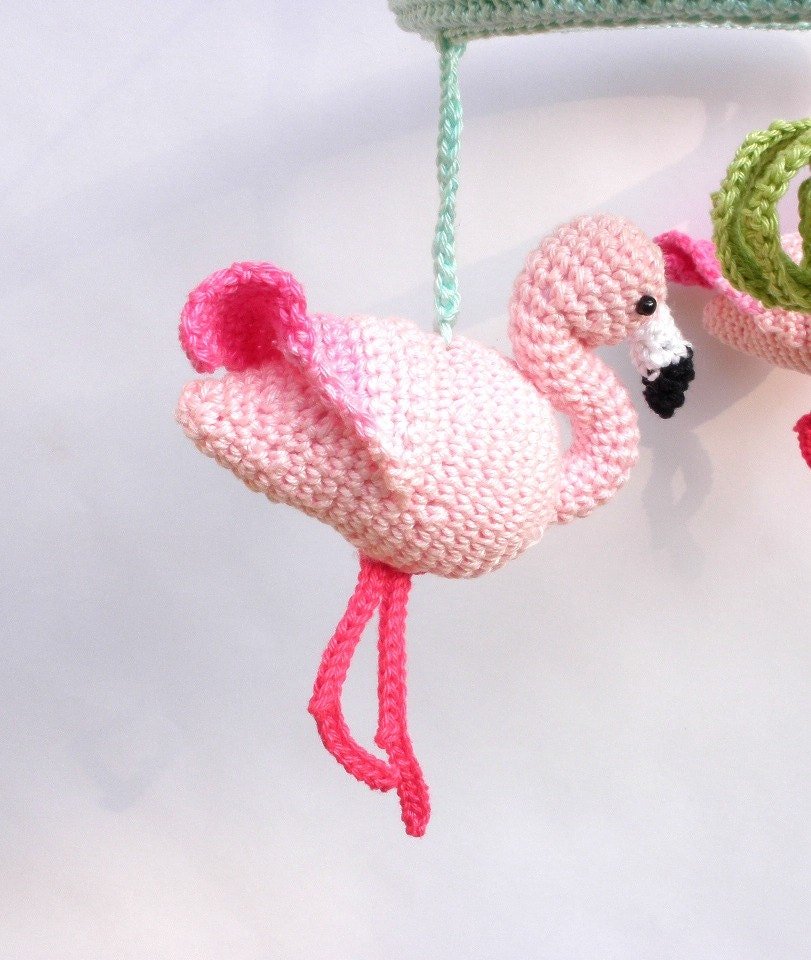 Pink Flamingo baby girl nursery mobile - Crochet on a tree