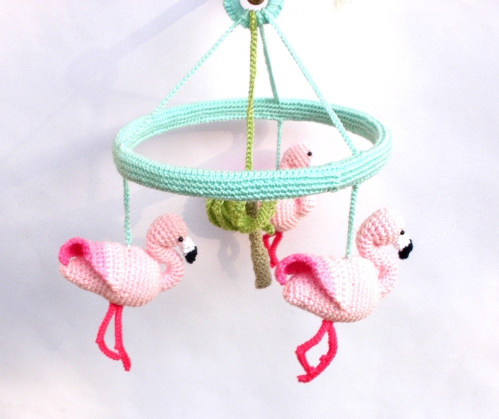 Pink Flamingo baby girl nursery mobile - Crochet on a tree