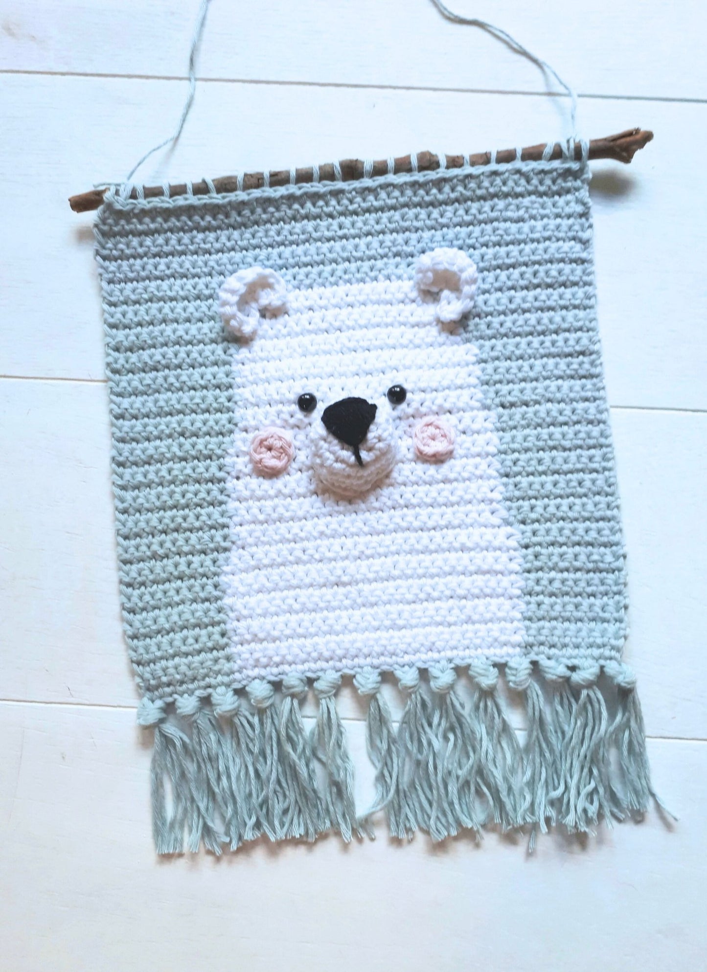 Polar bear nusery wall decor, crochet cotton wall hanging - Crochet on a tree