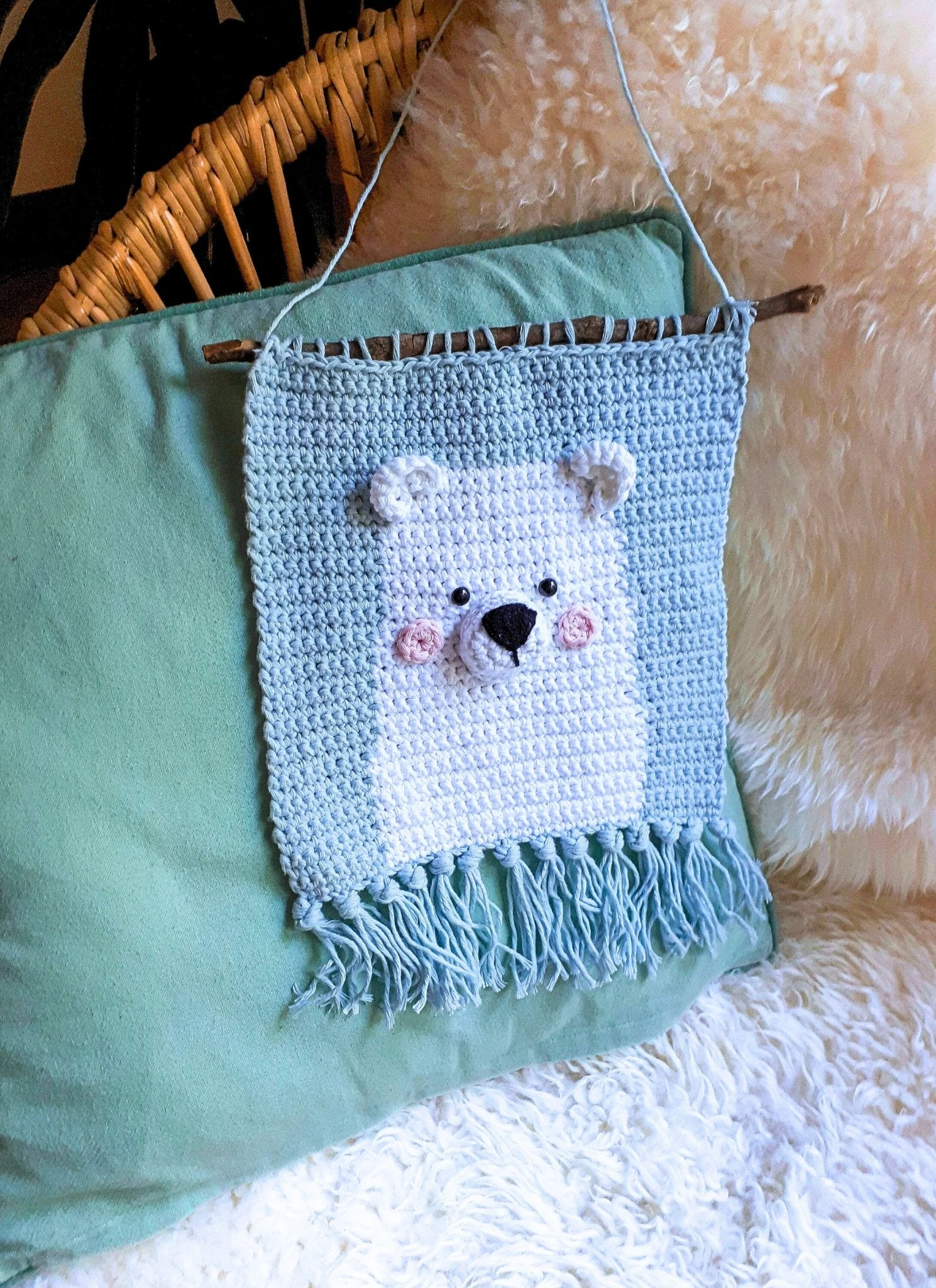 Polar bear nusery wall decor, crochet cotton wall hanging - Crochet on a tree