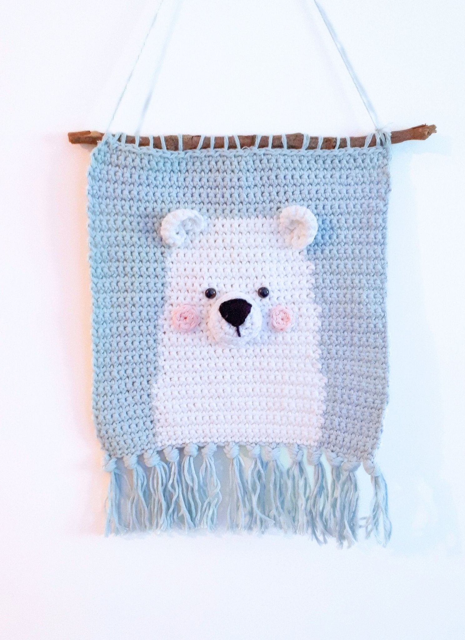 Polar bear nusery wall decor, crochet cotton wall hanging - Crochet on a tree