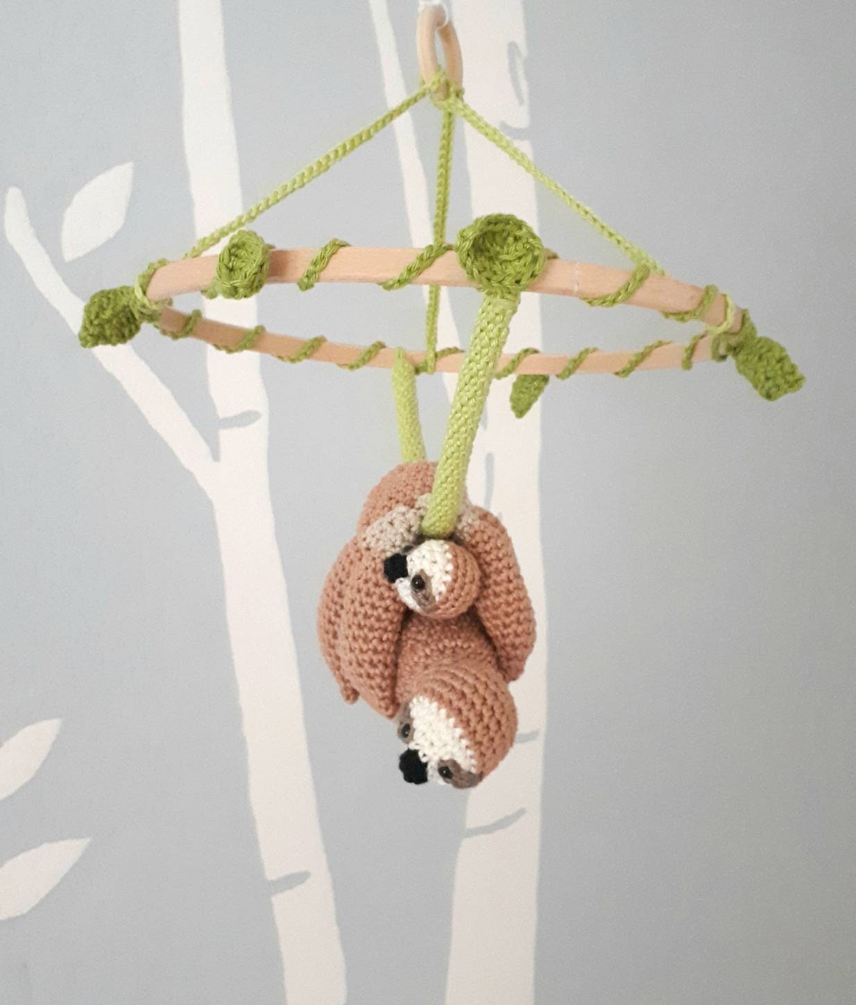 Stuffed sloth baby nursery mobile - Crochet on a tree