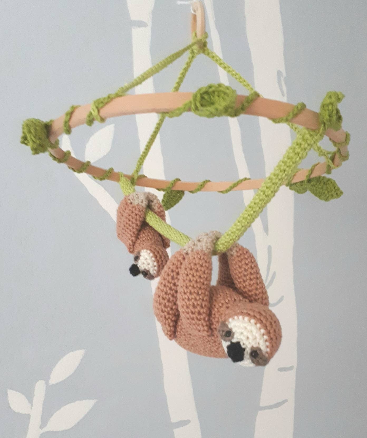 Stuffed sloth baby nursery mobile - Crochet on a tree