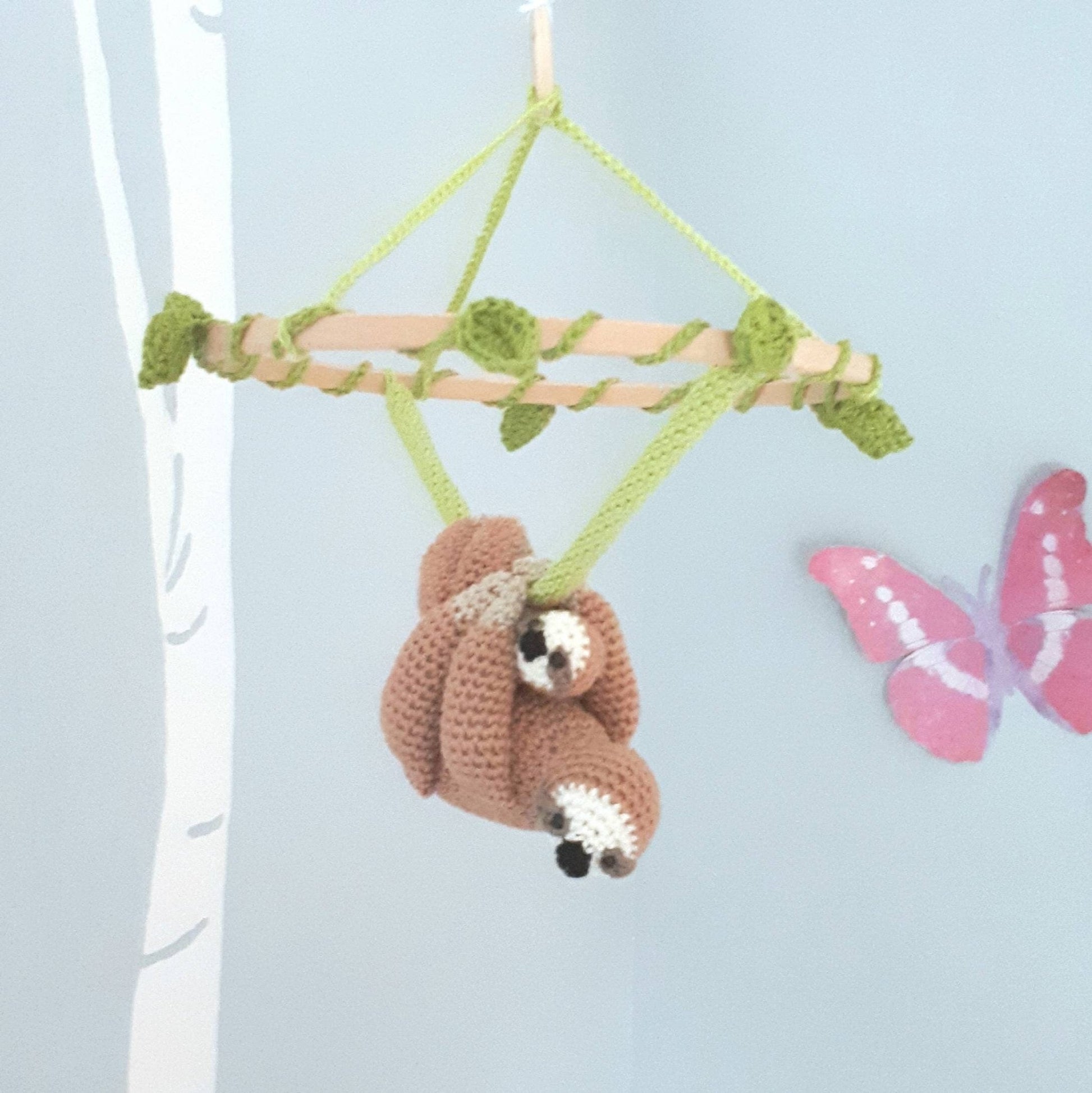 Stuffed sloth baby nursery mobile - Crochet on a tree