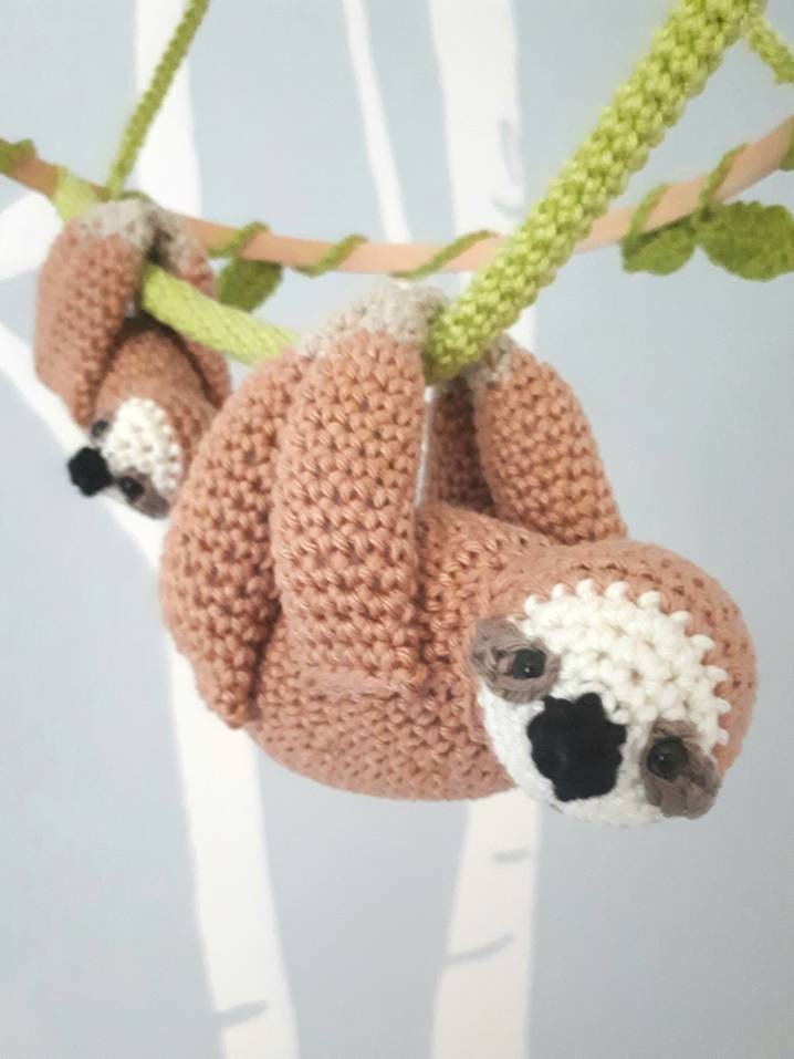 Stuffed sloth baby nursery mobile - Crochet on a tree