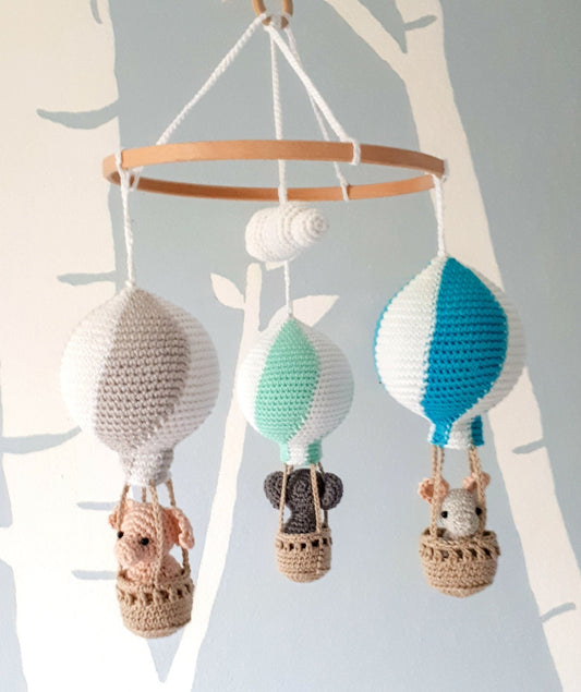 Travel theme hot air balloon baby mobile - Crochet on a tree