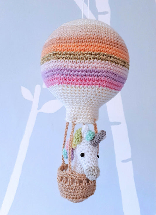 Unicorn in a hot air balloon, crochet nursery decoration - Crochet on a tree