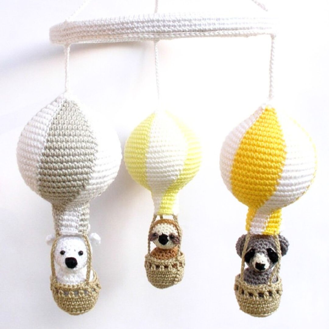 Yellow and gray hot air balloon baby mobile - Crochet on a tree